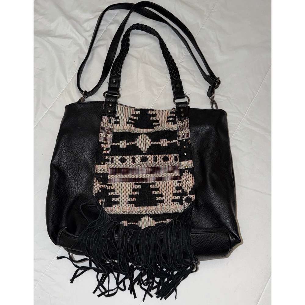 Black Faux Leather Fringe Bag Aztec Purse Hobo Boho Women's Shoulder Bag